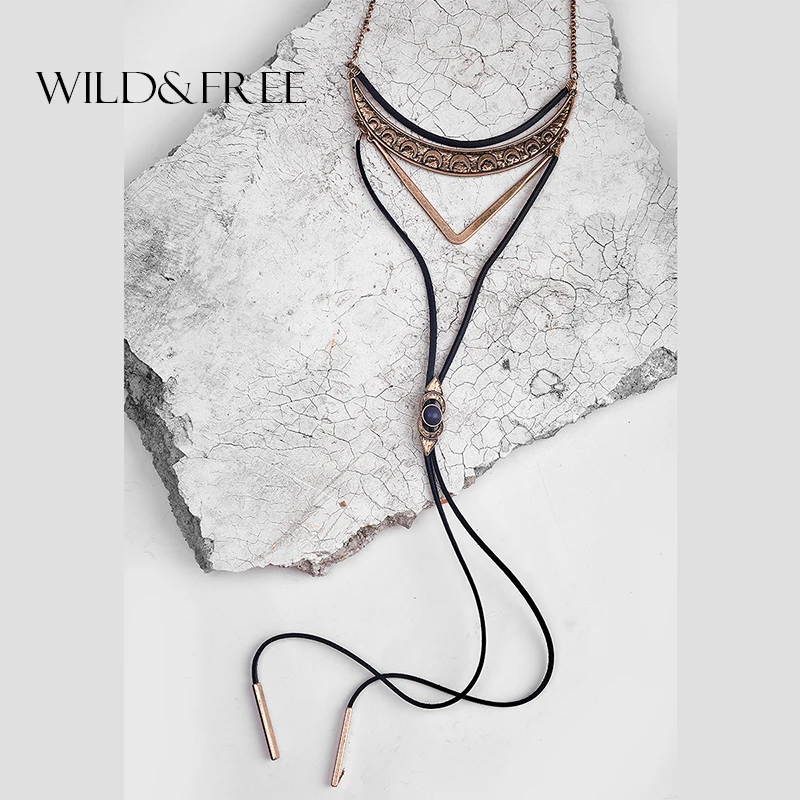 

WILD & FREE Vintage Boho Black Leather Choker Necklace Antique Gold Silver Carving Moon Triangle Indian Fashion Necklace Jewelry