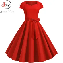 2019 verano Vintage vestido túnica mujer, mujeres, Rojo Negro Collar cuadrado Retro fiesta de Rockabilly Vestidos cinturón Vestidos de talla grande