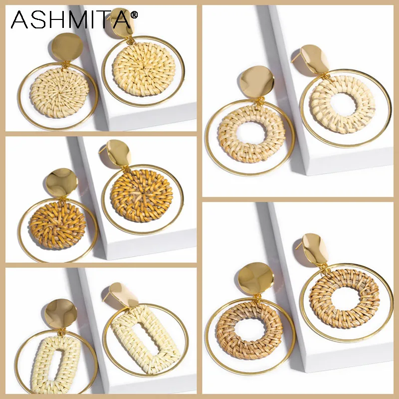 

ASHMITA 2019 New Handmade Wooden Straw Weave Rattan Vine Braid Geometric Big Circle Square Long Drop Earrings For Women Girl