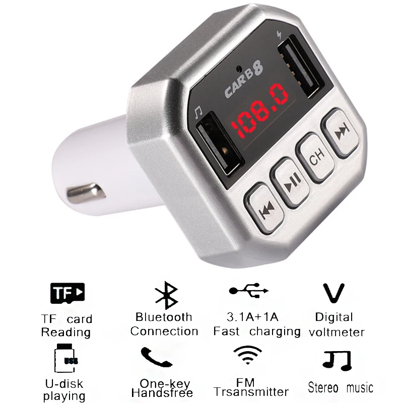 

USB AUX Bluetooth Handsfree Car Kit FM transmitter Wireless Audio Receiver TF Card Play Digital Voltmeter Dual USB Phone Charger
