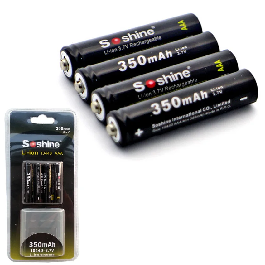 4PCS Soshine 3.7V 10440 Li-ion battery 350mAh AAA Rechargeable Battery with battery protective box Free shipping