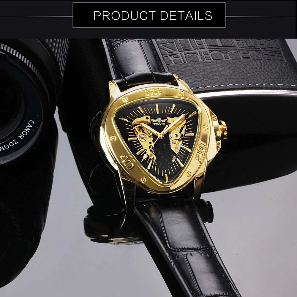 WINNER Official Sports Automatic Mechanical Men Watch Racing Triangle Skeleton Wristwatch Top Brand Luxury Golden + Gift Box - Image 3
