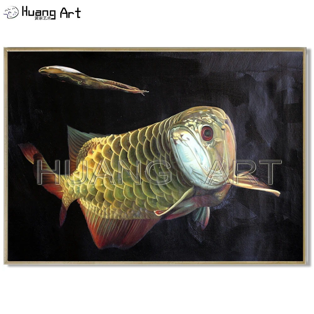 

Pure Hand-painted Gold Arowana Oil Painting on Canvas Realistic Animal Painting for Dining Room Decor Gold Fish Wall Painting