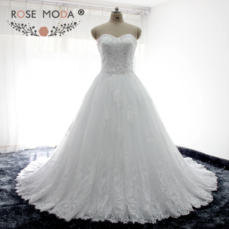 Роза Moda нежный жемчуг бисером Кружево Свадебное бальное платье Кружево на спине широкий Кружево низ Свадебные платья индивидуальный заказ