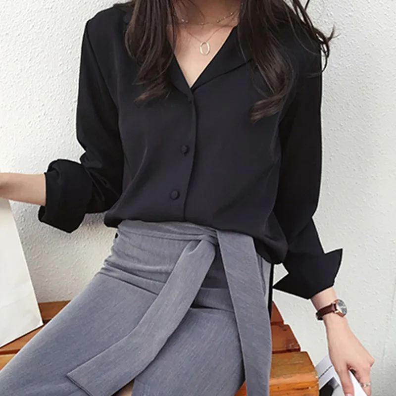 Женские блузки с длинным рукавом и отложным воротником, шифоновые блузки, топы для офисных леди размера плюс 4XL