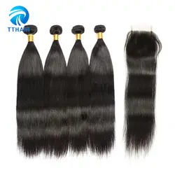 Best качество прямые волосы Связки Weave Расширения реальных человеческих волос non-реми 1B Цвет смешанные Длина с 4*4 закрытия шнурка