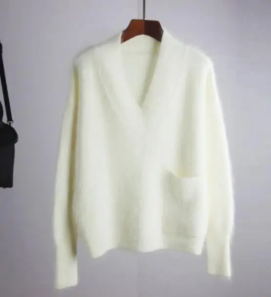 Норковый кашемировый пуловер из мохера свитер женский осень зима большие карманы v-образный вырез рукав летучая мышь свободный джемпер Pull Femme Hiver - Цвет: Белый