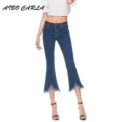 Aibo Carla женские стрейч бахрома джинсы для женщин деним расклешенные мотобрюки нерегулярные повседневное ботильоны длина девятый свободные