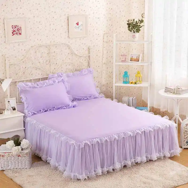 

White/Pink/Purple Lace Bed Skirt Princess Bedding King Queen Solid Color 1/3pcs Bedspreads For Girls Bed Sheet Set Pillow Case