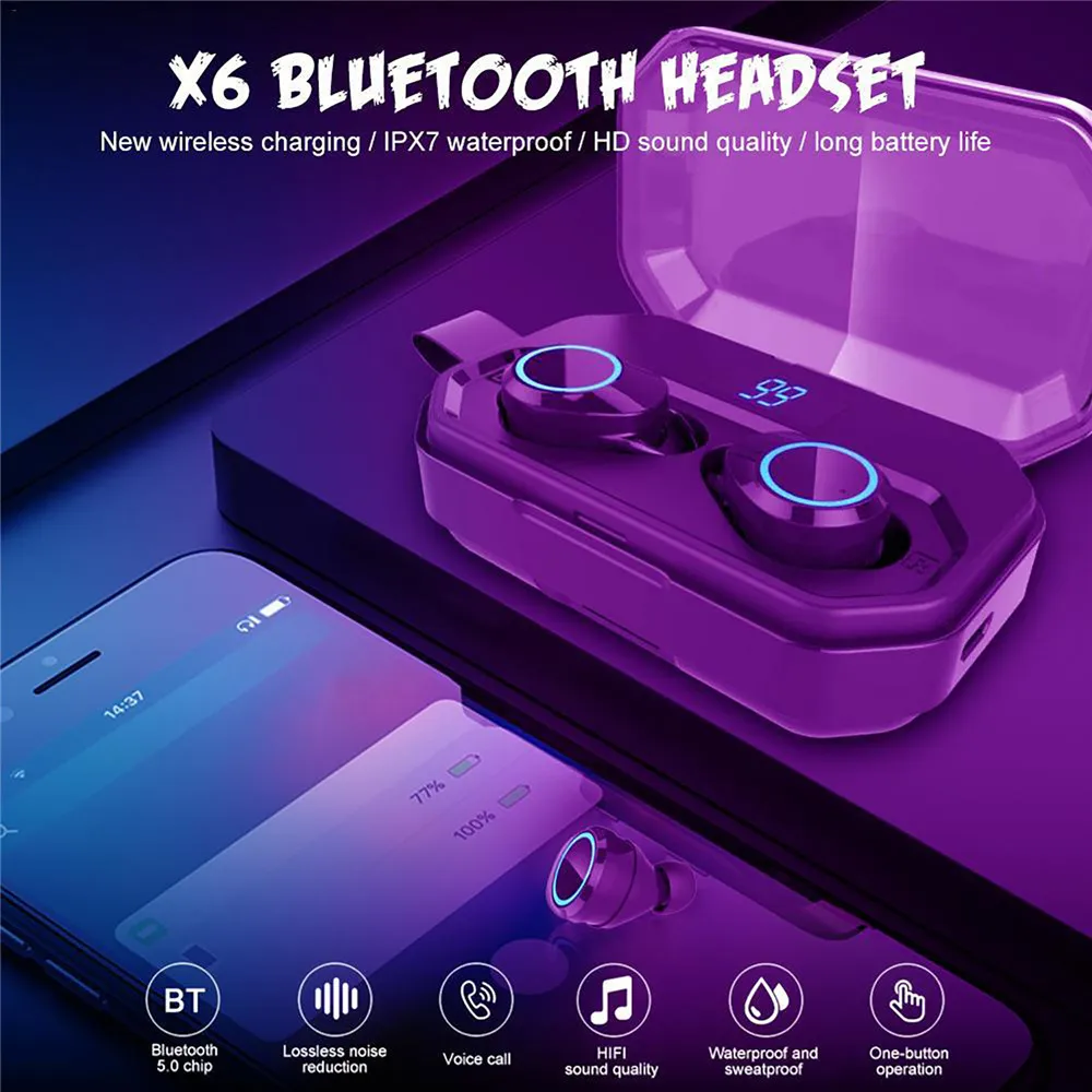 

X6 Pro 5.0 Bluetooth Srereo Wireless Earphone Earbuds in-ear Headset IPX6 Waterproof 3300mAh Fingerprint Touch de-noising Sports