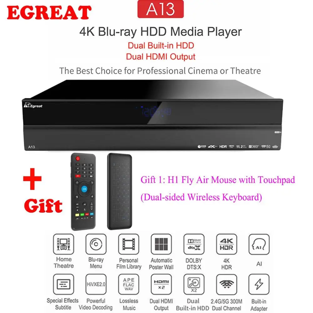 Высококлассный Egreat A13 4 K Ultra HD Smart медиаплеер Android tv Box BT4.0 2,4G/5G WiFi с 2x3,5 дюймов HDD лоток Dolby Atmos