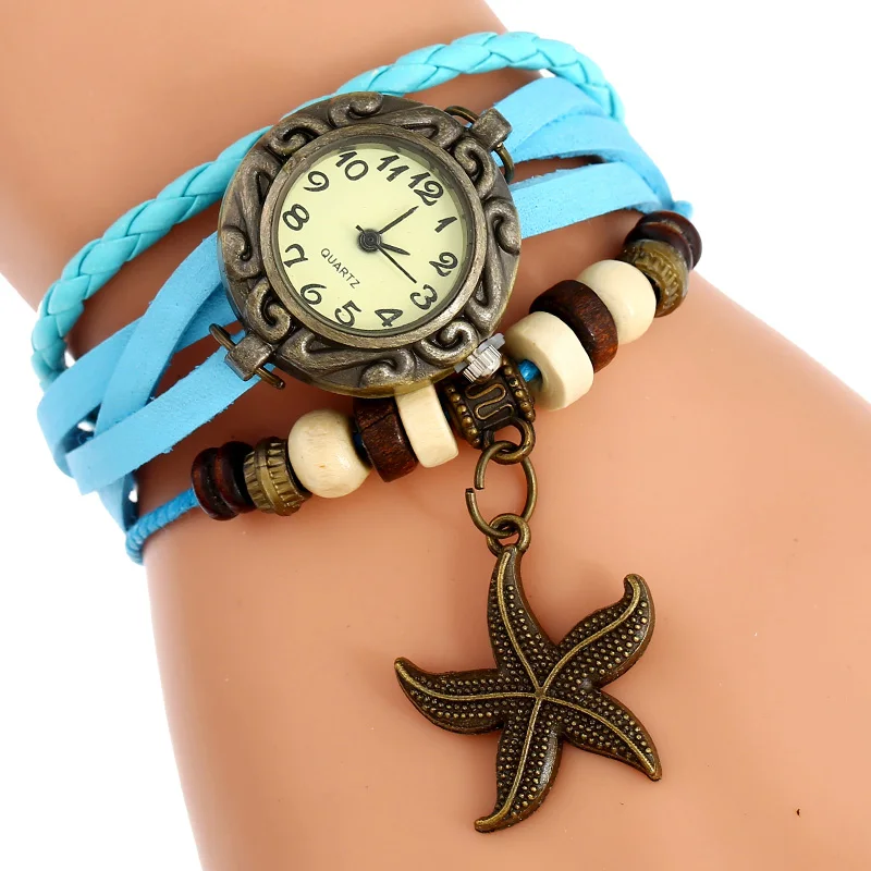 Gnova Платиновые индийский этнический браслет часы Морская звезда Шарм Винтаж наручные часы с ремешком из натуральной кожи для девочек модная школьная сумка A902 - Цвет: Небесно-голубой