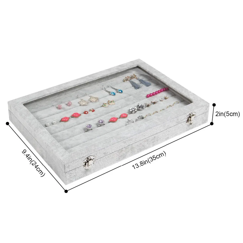 SZanbana ледяной серый бархат прозрачная крышка 7 слотов Ювелирные изделия Кольца Лоток для сережек Витрина Дисплей Органайзер-большой
