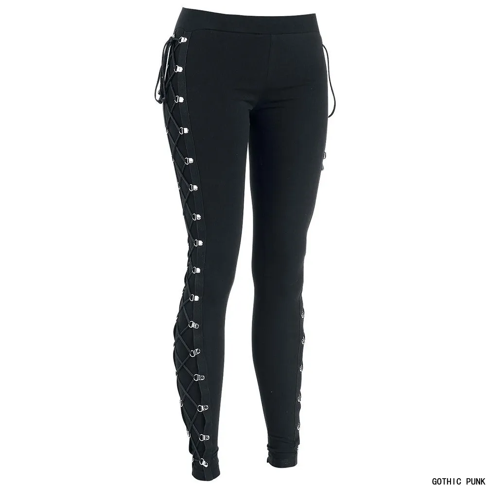 

Casual Gothic Personality Office Lady Bandage Type Punk Style Women Leggings Plain Thin Cotton Straight Female Black Leggings