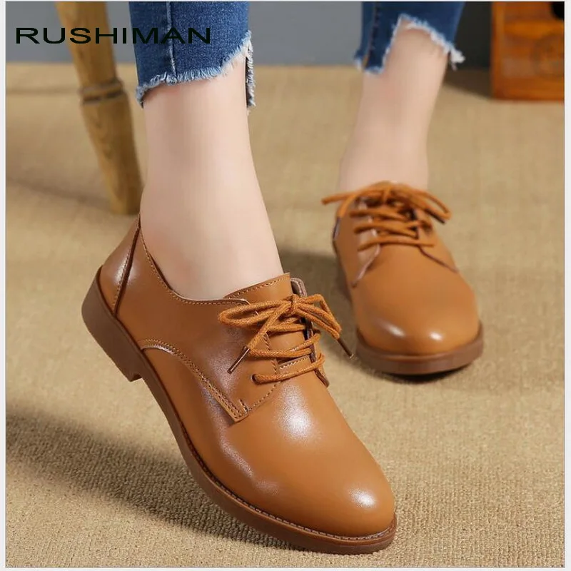 

RUSHIMAN 2018 Spring Summer Women Genuine Leather Shoes Woman Breathable Soft Bottom Oxfords Lace up Casual Flat Shoes size35-40