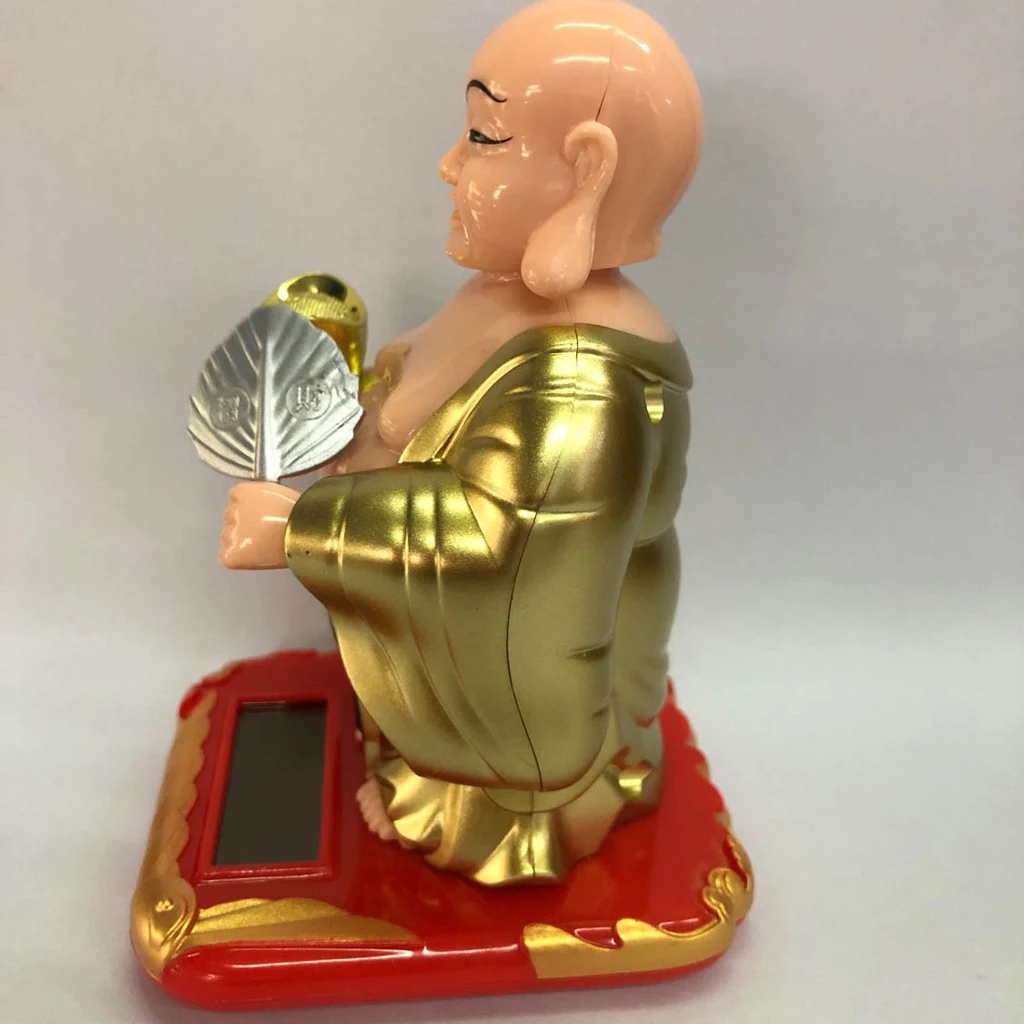 Feng Shui Decoration Solar Powered Waving Fan Lucky Wealth Happy Laughing Buddha -2.36x2.76x3.94inch