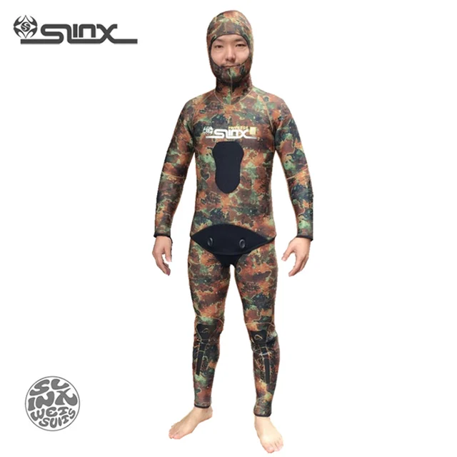 Cheap SLINX 1402 5mm Neoprene Camouflage Men Two Pieces Scuba Diving Suit Snorkeling Spearfishing Fishermen Swimwear Wetsuit Hooded