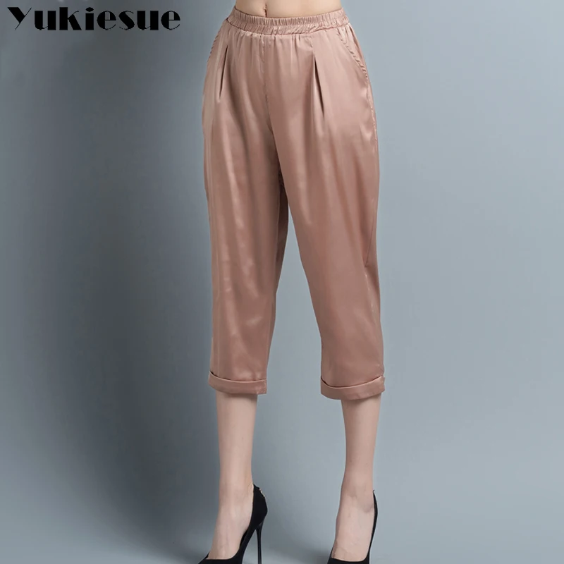 Silk harem pants capris woman 2018 summer style loose high elastic