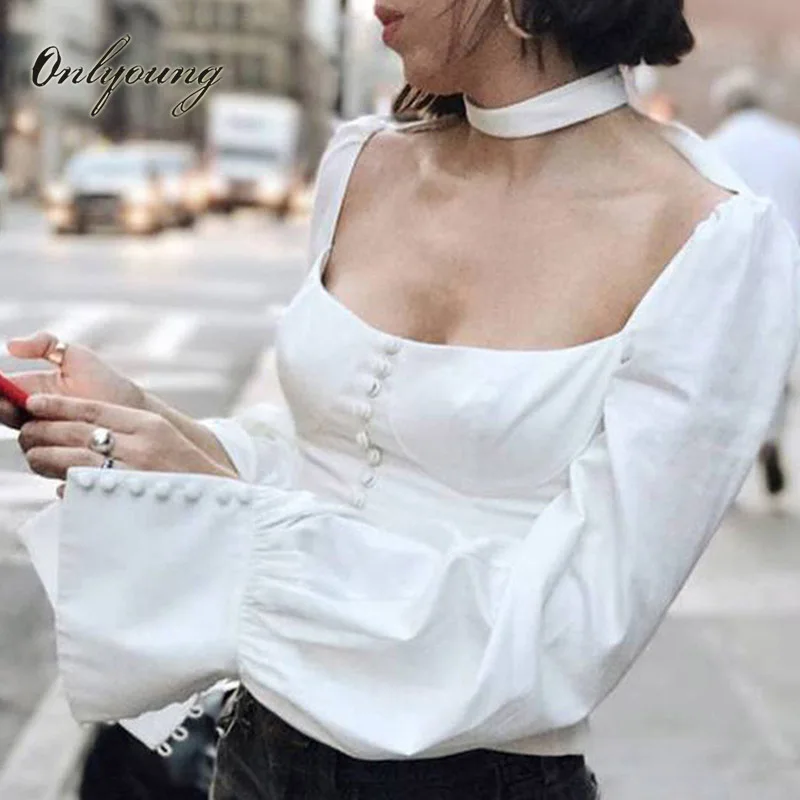 

Onlyoung 2018 Summer Women White Blouse Shirt Vintage Strapless Top Long Sleeve Female Blouse Shirt