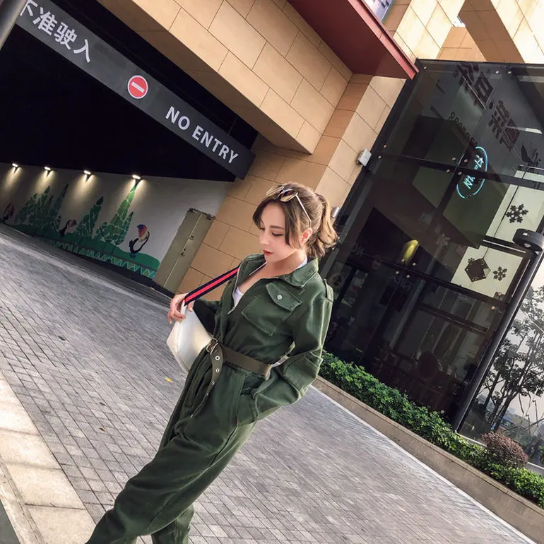 Женская винтажная рабочая одежда, облегающий джинсовый комбинезон с высокой талией, уличная одежда с поясом, армейский зеленый джинсовый комбинезон, ковбойский Рабочий костюм A9209
