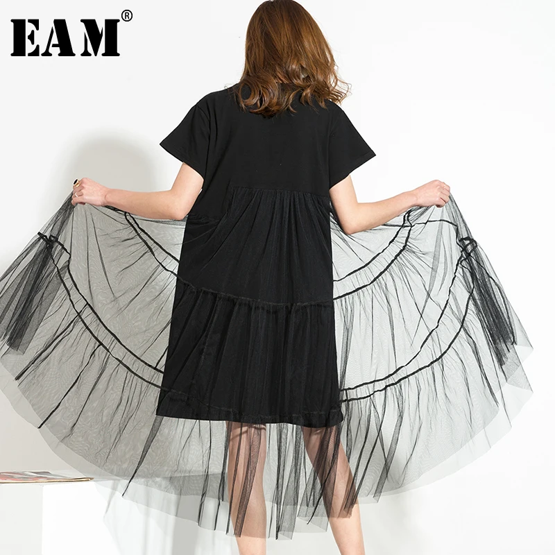 

2017 Summer Fashion Trend New Plus Long Big Size Net Yarn Spliced Black O-neck Short Sleeve Sexy Dress Woman 3361L