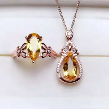 

Fidelity Natural 6*12mm yellow crystal s925 sterling silver fashion fine jewelry sets for women natural gemstone ring Pendant