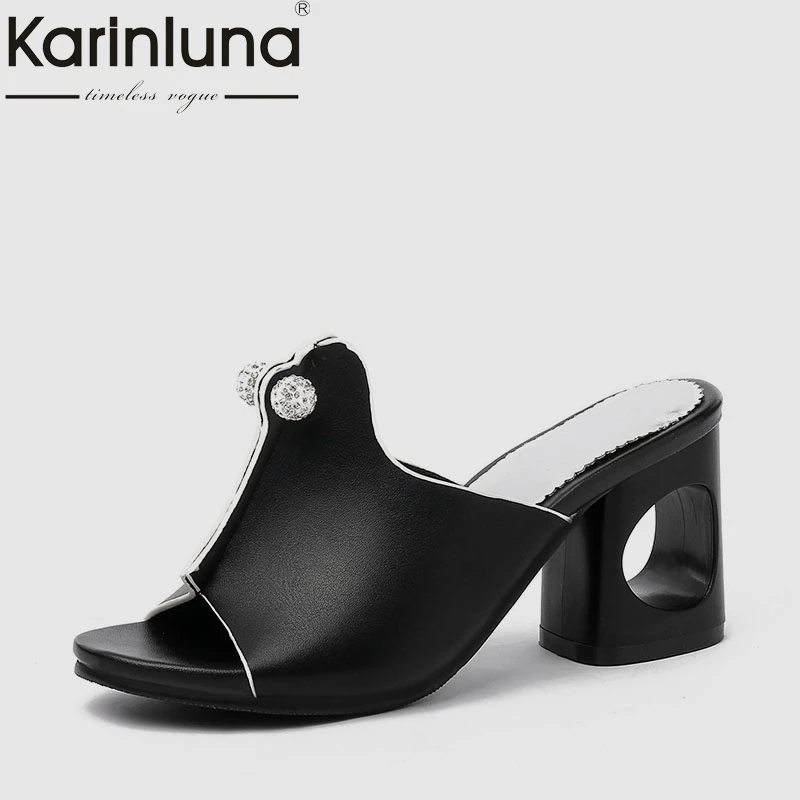 

Concise woman shoes Black Mules Summer Elegant Peep Toe High Heels Shoes women Decorate Slippers big Size 32-48