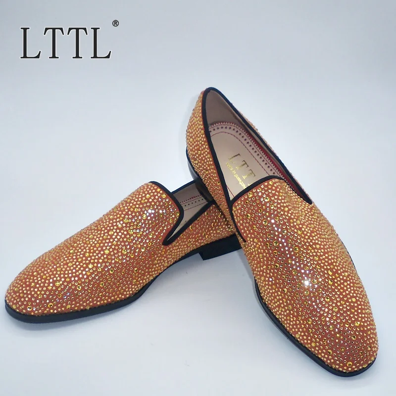 

Red Suede Men Shoes New Fashion Gold Rhinestone Mens Loafers Handmade Luxury Crystal Men's Slipper Flats Wedding And Party Shoes