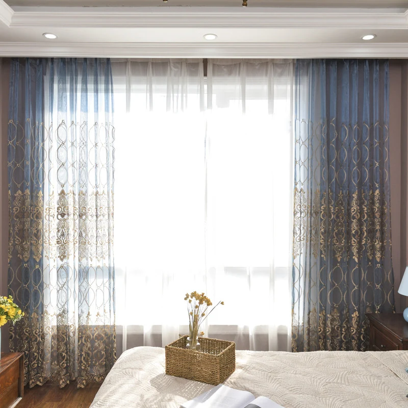 Синий роскошный Тюль с вышивкой для гостиной, недорогие занавески на окно, занавески для спальни, скидка, желтая тонкая занавеска из вуали, M072#40