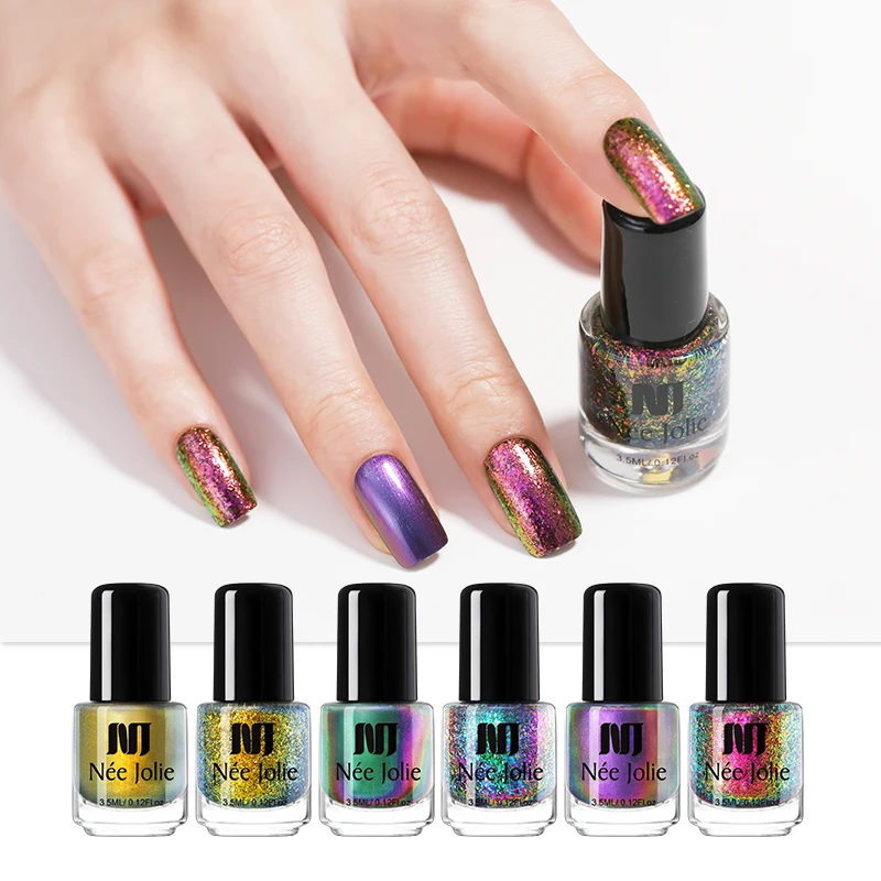 

NEE JOLIE Chameleon Nail Polish 3.5ml Flake Nail Art Varnish Purple Gold Shining Sequins Nail Lacquer Black Base Needed