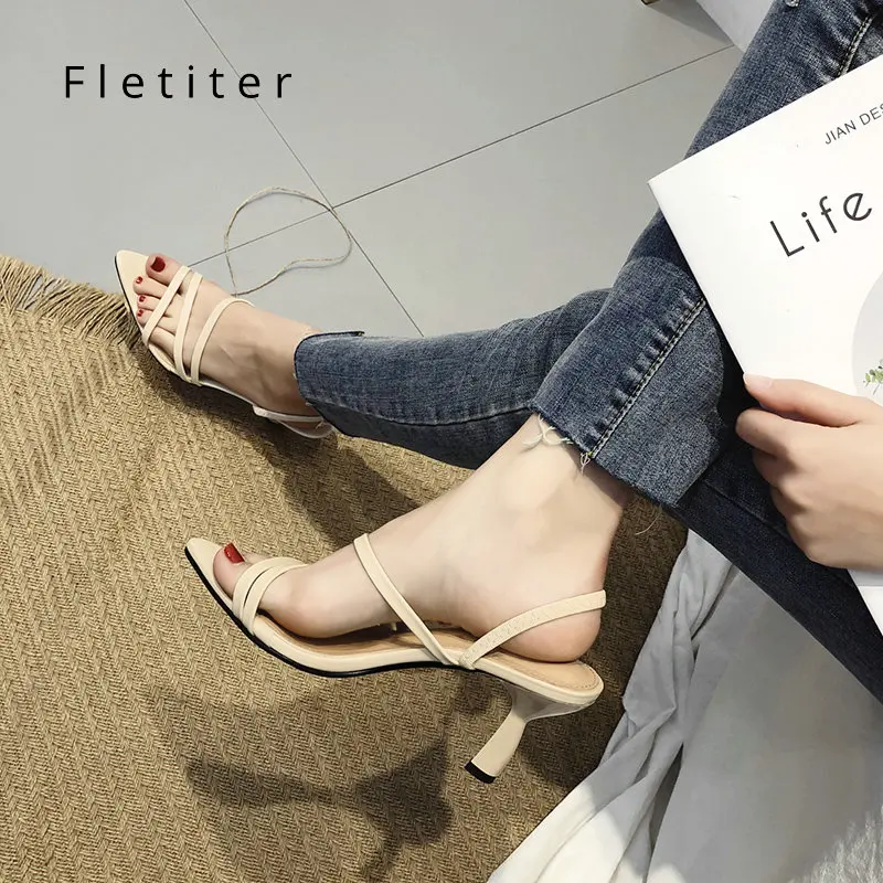 

Fashion Summer Womens Sandals Leather Open Toe 8cm High Heels Hollow Sexy Woman Slip on Slippers Party Shoes 2019 Fletiter