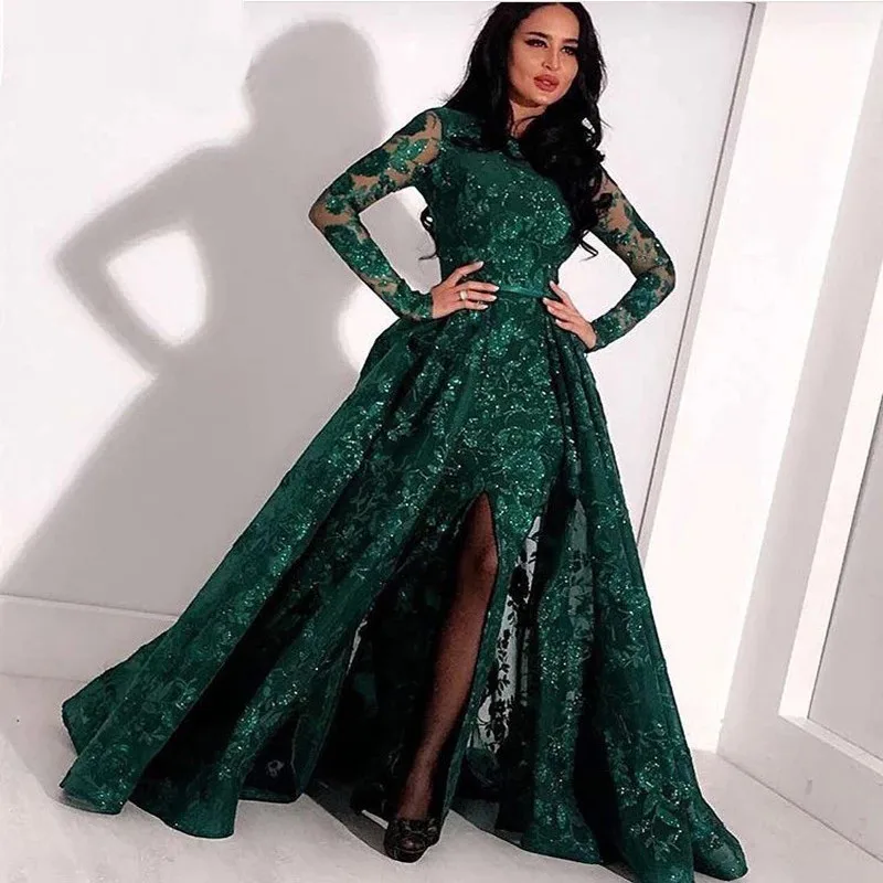 Зеленое Длинное Вечернее кружевное платье, расшитое бисером, с разрезом, Дубай, кафтан, саудовская Арабская, элегантное, официальное платье, длинные рукава, мусульманские Вечерние платья