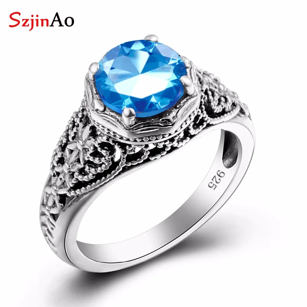 

SzjinAo Real Solid 100% 925 Sterling Silver Ring Carved Blue Topaz Austrian Crystal Fashion Woman Rings for Wedding Engagement