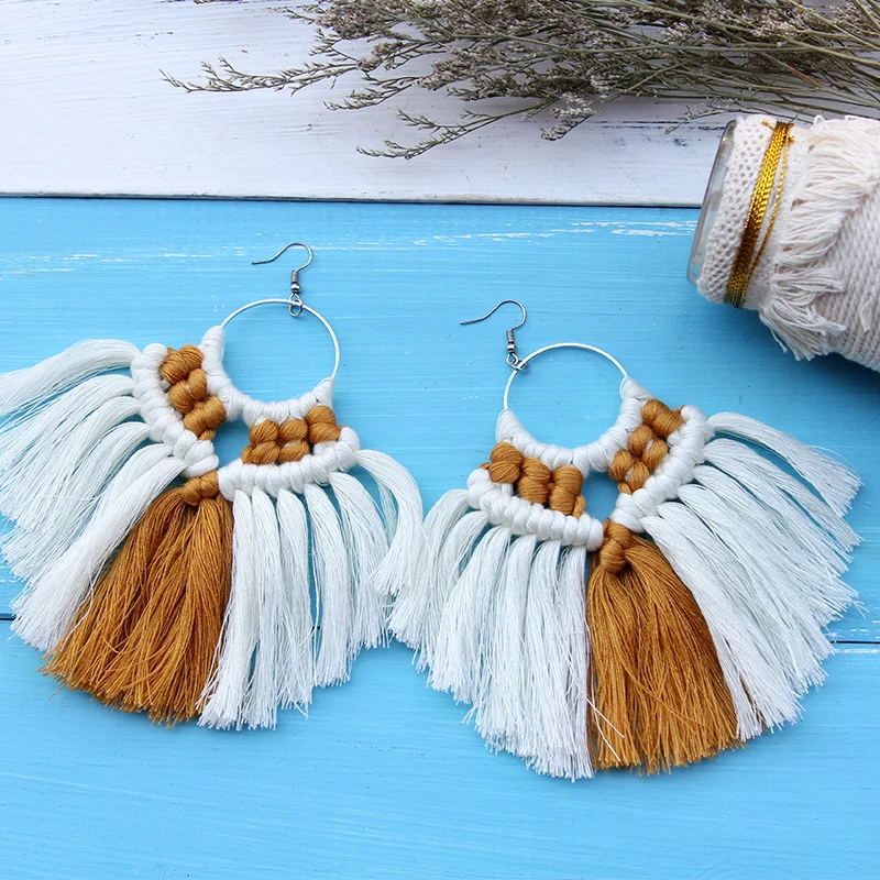 

Macrame Tapestry Bohemian Tassel Earrings Round Drop Earrings for Women Wedding Long Fringed Earrings Decoration