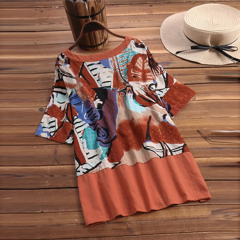 New Women Fashion Summer Vintage O-Neck Art Printing Casual Daily Half Sleeve Button Cotton Top  Blouse Tops #4A25 (6)