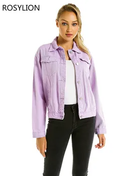 

Ladies Summer Purple Denim Jacket Large Size Loose Long Sleeve Women Top Coat Girl Clothing Casual Streetwear Cowgirl Outer Wear