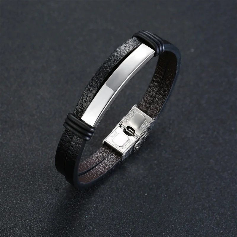 Пользовательский мужской кожаный браслет плоский тонкий черный двойной звено цепи обёрточная бумага наручные Boyfreind муж. DIY регулируемые ювелирные изделия
