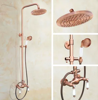 

Antique Red Copper Brass Dual Ceramic Handles Bathroom 8" Round Rain Shower Head Faucet Set Bath Mixer Tap Wall Mounted mrg586