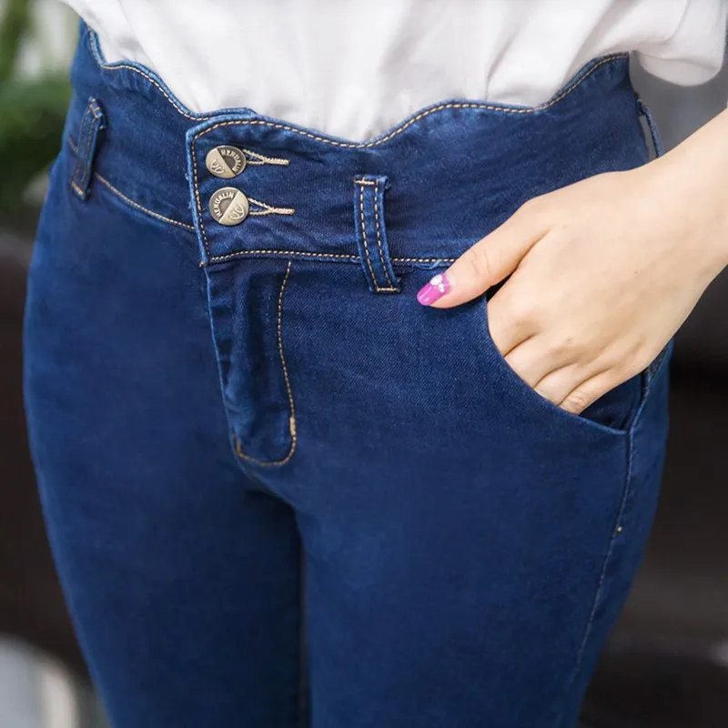 

2017 New Fashion High Waist jeans Mid Elastic Women Jeans Woman Femme Washed Casual Skinny Pencil Denim Pants B153
