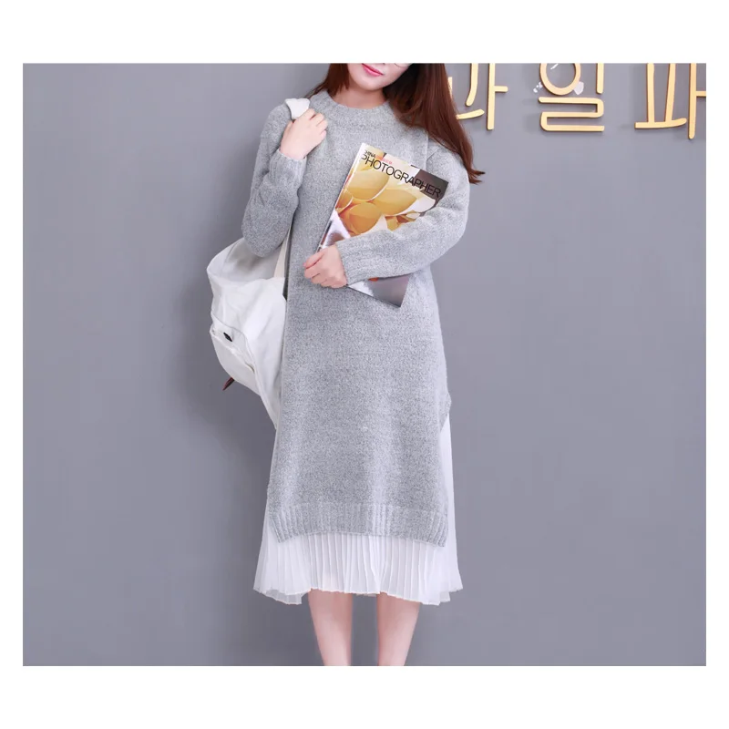 

2019 Spring Autumn Women Midi Dress Round Neck Knitted Chiffon Patchwork Sweater Dress Casual Elegant Long Sleeve Split Dresses