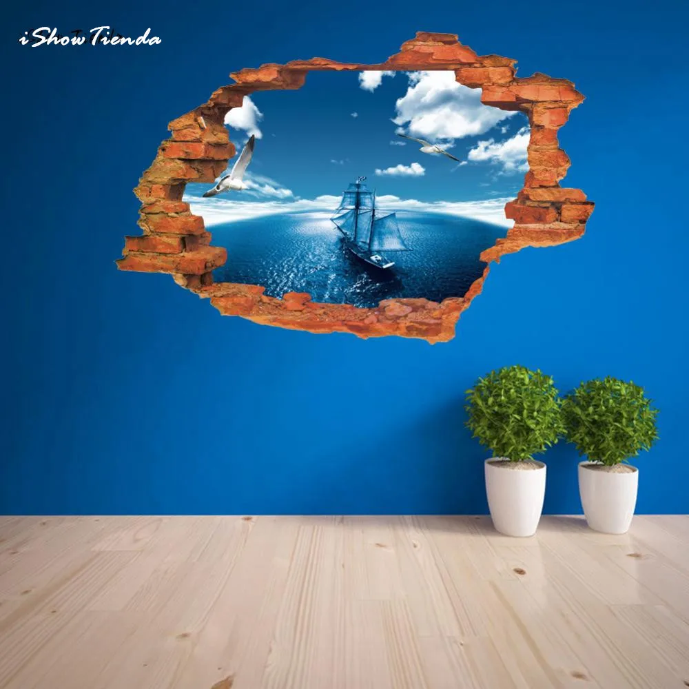 New Hot 1PC 3D Wall Stickers Mural Decal Quotes Art Home Decor Modern Fashion Cartoon Stiker Blue Sea Boat For Living Room | Дом и сад