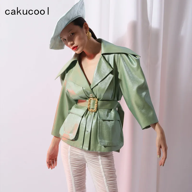 

Cakucool Women Runway Design Jacket Faux Leather Double Turn-down Collar Sashes High Waist Coat High Street Vintage Jackets Lady
