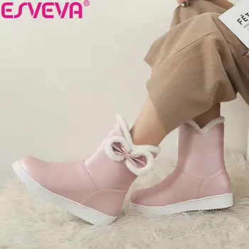

ESVEVA 2019 Woman Boots Handmade Low Heel Winter Shoes Butterfly-knot Women Ankle Boots Snow Shoes Round Toe Platform Size 34-40
