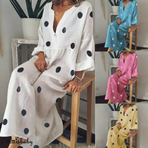 

New Fashion Women Short Sleeve Boho Polka Dot Long Maxi Dress Long Sleeve Summer Loose Beach Party Sundress Plus