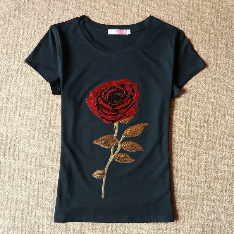 

Harajuku Rose T-Shirts For Women Casual Short Sleeve T Shirt Punk Shirt Female Sequins Beads T-shirt Lady Vintage Tops