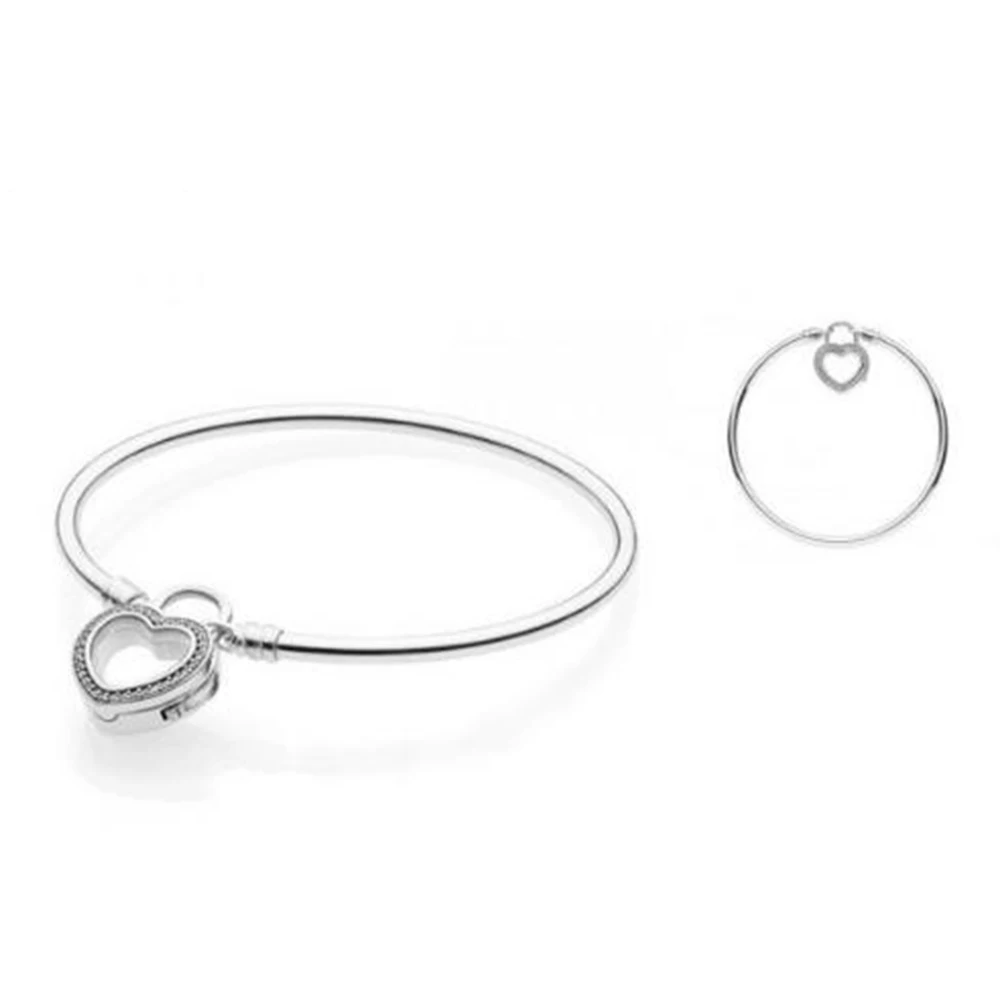 

New 100% 925 Sterling Silver Sparkling Floating Heart Locket Bangle Bracelet Fit European Charms Diy Jewelry