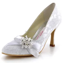 Custom Made AJ001 White Women Closed Toe High Heels 3.5” Bridal Party Pumps Bow Rhinestones Pearls Satin Lace Wedding Shoes