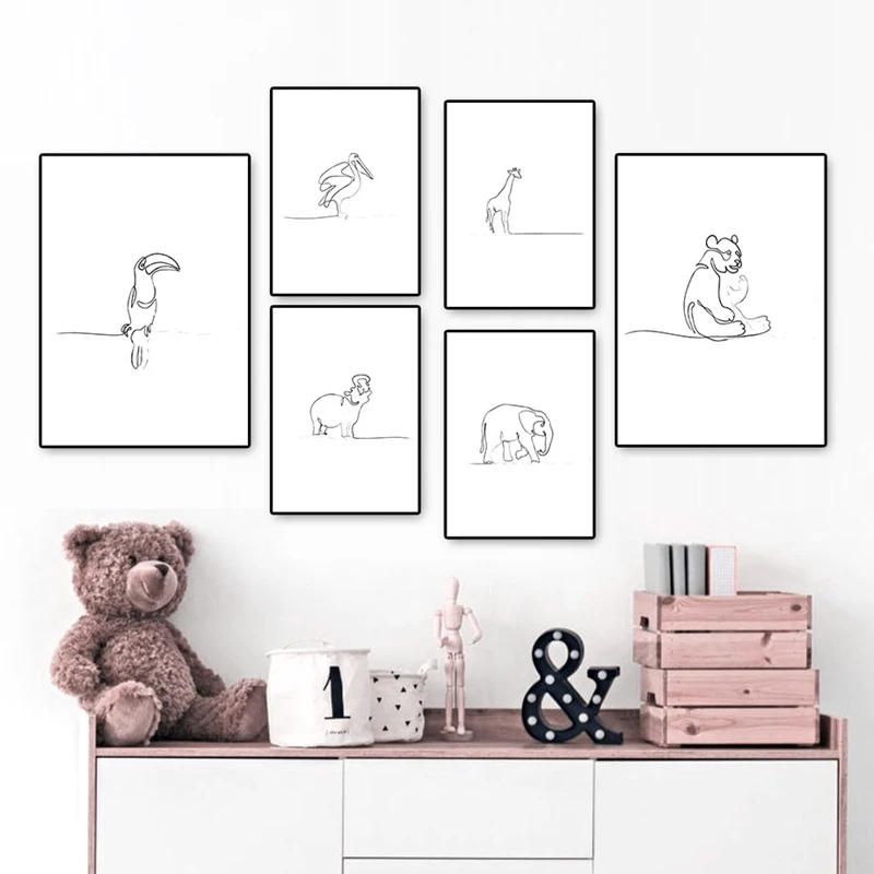 

Animals Nursery Wall Art Posters and Prints Minimalist Line Drawing Modern Gallery Art Canvas Painting Kids Room Wall Decor