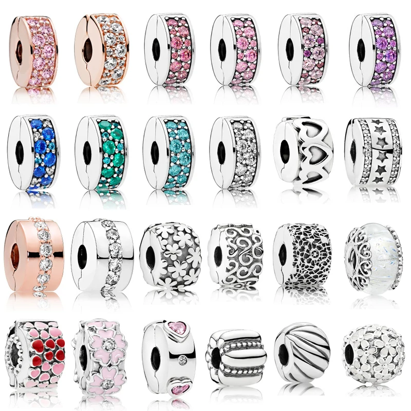 

925 Sterling Silver Clip Lock Stopper Charms Multi Style Flower Beads With CZ Fit Pandora silver 925 Original Charm Bracelets