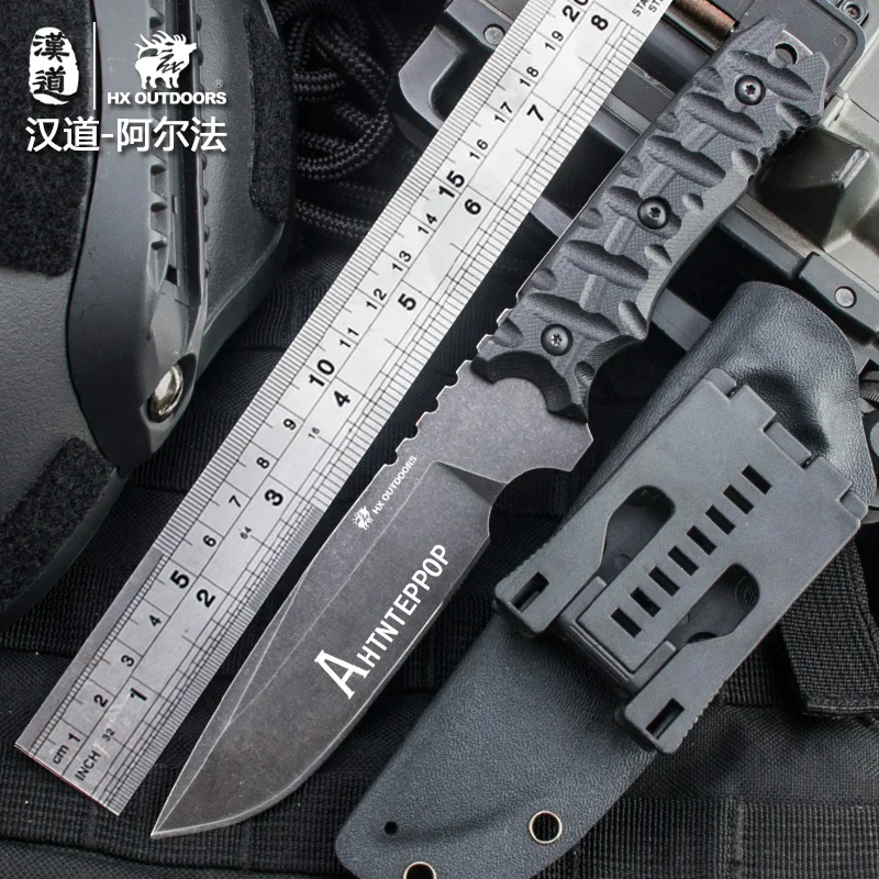 

HX OUTDOORS AHTNTEPPOP Tactical Fixed Blade Knife 9Cr18Mov Stonewashed Blade G10 Handle Camping Knives Outdoor Survival Knife